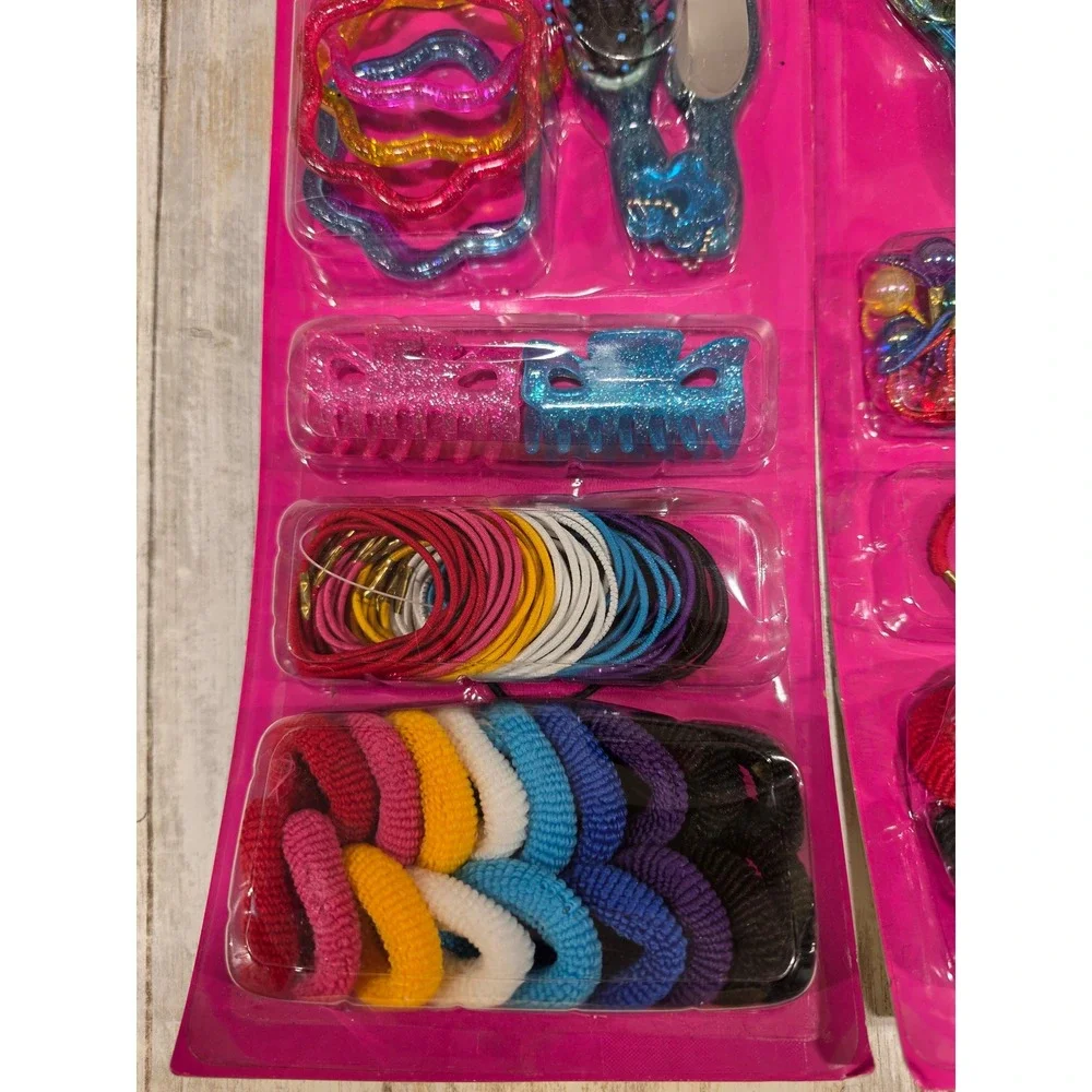 2- Vtg Fun Spirit Girls Hair Accessories 100pc Set Brush Mirror Clips Ties Clips